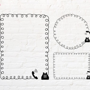 May include: Three frames with a curly border, each with a black silhouette of a rotary phone with a curly cord. The frames are on a white brick wall background.