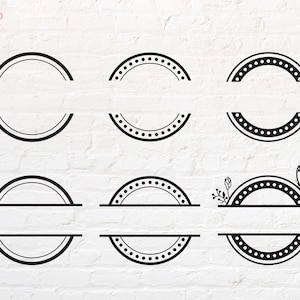 May include: Nine different split circle designs for creating custom logos or monograms. The designs include a plain circle, a circle with a dotted border, and a circle with a dotted border and a floral design.