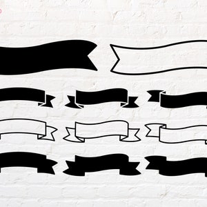 May include: A collection of black and white banner designs. The banners vary in shape and style, with some solid black and others outlined. The word "ROUND" and the number "9" are in a pink circle in the upper left corner.