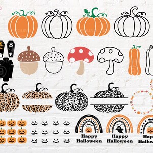 May include: A set of 18 Halloween-themed digital clipart images. The images include pumpkins, acorns, mushrooms, ghosts, and rainbows. The images are in black and white, and some have a leopard print pattern. The text "Happy Halloween" is included in the image.