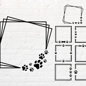 May include: A set of nine black frames with paw print and bone designs. The frames are perfect for adding a touch of whimsy to your home decor.