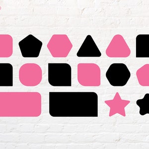 Może przedstawiać: Biała ceglana ściana z różnymi różowymi i czarnymi kształtami, w tym kwadratami, kołami, gwiazdami, trójkątami, sześciokątami i pięciokątami. Kształty są ułożone w siatkę. Tekst "ROUND 9" znajduje się w lewym górnym rogu.