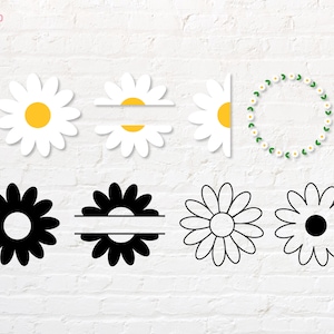 May include: A selection of daisy designs in different styles. The designs include full daisies, split daisies, and a daisy wreath. Some daisies are white with yellow centres, others are black, and some are outlined.