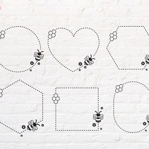 May include: Six different bee-themed frames with honeycomb designs. The frames are in the shapes of a circle, heart, hexagon, pentagon, square, and oval. Each frame has a bee and honeycomb design at the bottom.