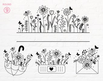 Flores silvestres SVG, Flores silvestres divididas SVG, Flores silvestres Letra SVG, PNG, DXF, EPS, PDF
