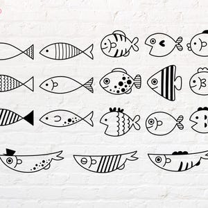 Puede incluir: Una colección de ilustraciones de arte lineal en blanco y negro con dieciocho diseños de peces distintos dispuestos en filas. El conjunto gráfico incluye varios patrones como rayas, puntos y escamas, con el texto ROUND 9 en la esquina superior izquierda.