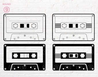 May include: Four black and white cassette tape illustrations. Each tape has a different design on the label. The tapes are on a white background.