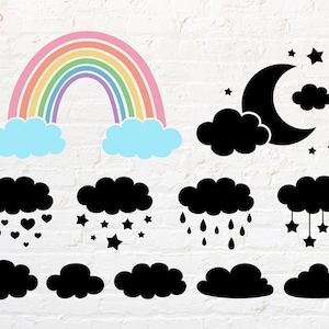 Puede incluir: Un conjunto de nueve ilustraciones de nubes en blanco y negro con diferentes elementos meteorológicos. Las nubes tienen todas la misma forma, pero presentan detalles diferentes, como lluvia, estrellas, corazones y una luna creciente. Las ilustraciones son perfectas para usar en una variedad de proyectos creativos, como el scrapbooking, la elaboración de tarjetas y el diseño digital.