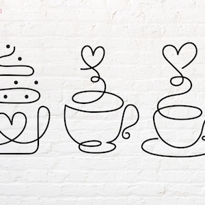 May include: Three line drawings of coffee cups with hearts and steam. The first cup is a mug with a heart in the center. The second cup is a traditional coffee cup with a heart and steam. The third cup is a traditional coffee cup with a heart and steam and a saucer.