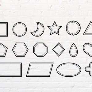 May include: A set of 14 black and white outline shapes on a white brick background. The shapes include a square, circle, crescent moon, star, circle with a scalloped edge, triangle, pentagon, hexagon, octagon, diamond, teardrop, heart, rectangle, parallelogram, oval, and a plus sign.