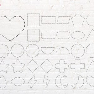 May include: A worksheet with the word "ROUND" and the number "9" in a pink circle. The worksheet has 25 different shapes outlined with dotted lines. The shapes include a heart, square, rectangle, triangle, star, diamond, circle, crescent moon, cloud, raindrop, and more.