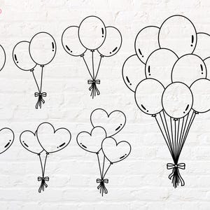 May include: Black and white line art of balloons in various arrangements. Some are round, others heart-shaped. The word "ROUND" and the number "9" are in the upper left corner. Each balloon is tied with a ribbon.