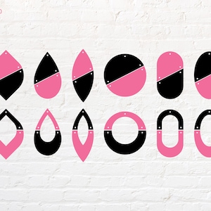 May include: A set of 12 earring templates in two colors, black and pink. The templates are in various shapes, including teardrop, oval, and round. The templates are designed for crafting earrings.