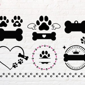 May include: A set of nine black and white dog paw print designs. The designs include paw prints, bones, hearts, and a crown. The designs are perfect for creating custom dog-themed crafts, stickers, or apparel.