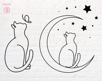 Cat Outline svg, Moon Cat svg, Cat with butterfly png, dxf, eps, pdf