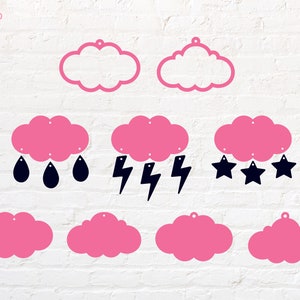 May include: Nine pink cloud shapes with different embellishments. The embellishments include raindrops, lightning bolts, and stars. The clouds are all the same size and shape, and they are all cut out of a single piece of paper.