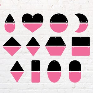 May include: A set of 12 black and pink geometric shapes with holes punched in the top. The shapes include a teardrop, heart, circle, crescent moon, diamond, triangle, hexagon, square, kite, rectangle, oval, and a rounded rectangle.
