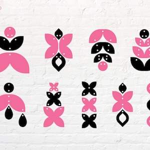 May include: A set of eight paper cut-out designs in pink and black. The designs include a flower, a teardrop, a half-circle, and a stack of shapes. The designs are labeled "Round 9".