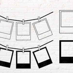 May include: A string of black and white photo frames hanging on a white brick wall. The frames are all the same size and shape, and they are arranged in a line. Each frame has a clip at the top, and the string is attached to the clips. The frames are empty, and they are ready to be filled with photos.