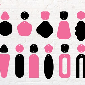 May include: Nine different earring shapes in black and pink. The shapes include a circle, a triangle, a square, a pentagon, a hexagon, a heart, a teardrop, an oval, and a rectangle.