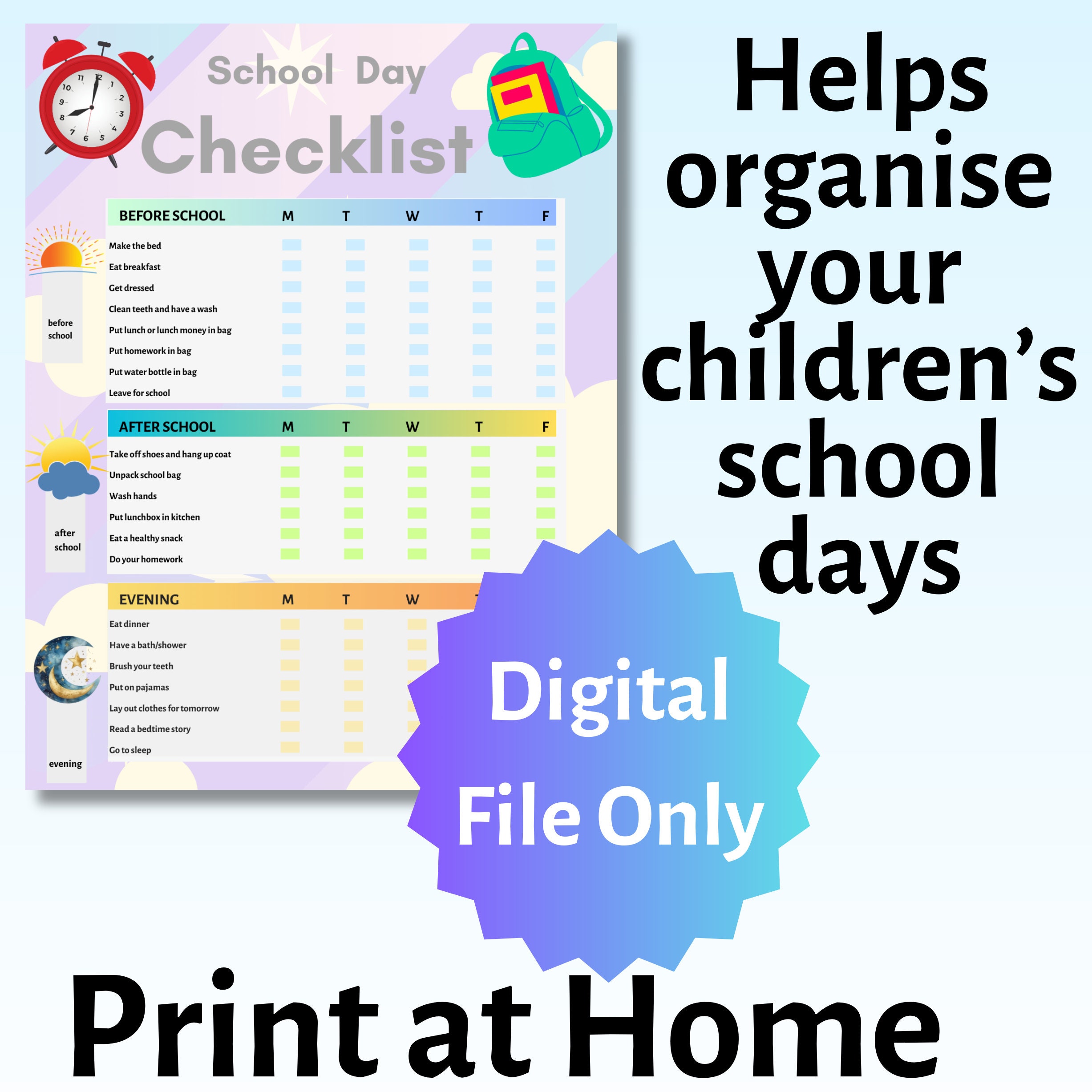 School Checklist, Printable PDF, Digital Download, Children's Organiser ...