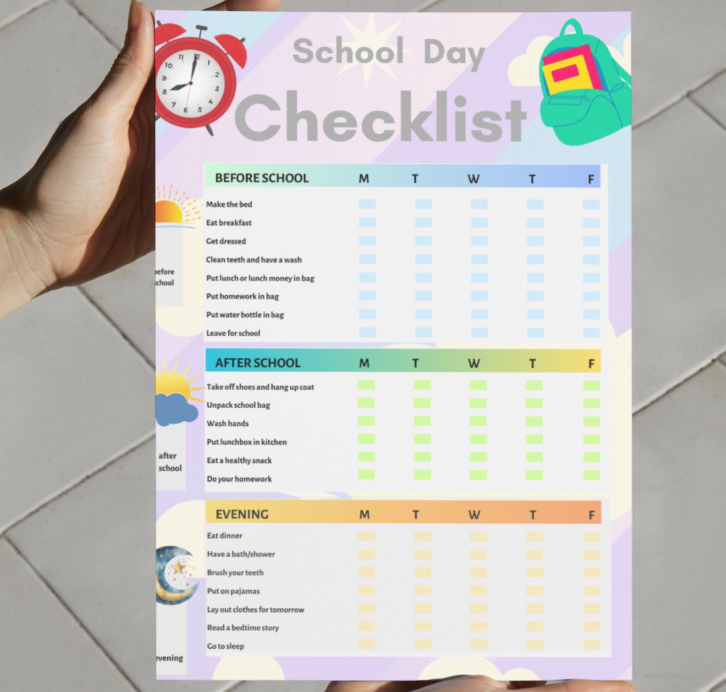 School Checklist, Printable PDF, Digital Download, Children's Organiser ...