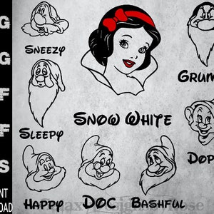 SVG Snow White and Seven Dwarfs inspired, png, pdf, dxf, eps, Doc, Sleepy, Happy, Sneezy, Dopey, Bashful, Grumpy Dwarf and Snow White SVG