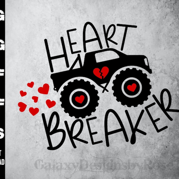 SVG Feliz Día de San Valentín, png, pdf, dxf, eps, camisa Heart Breaker, linda calcomanía de San Valentín, Monster Truck SVG, Heart Breaker svg