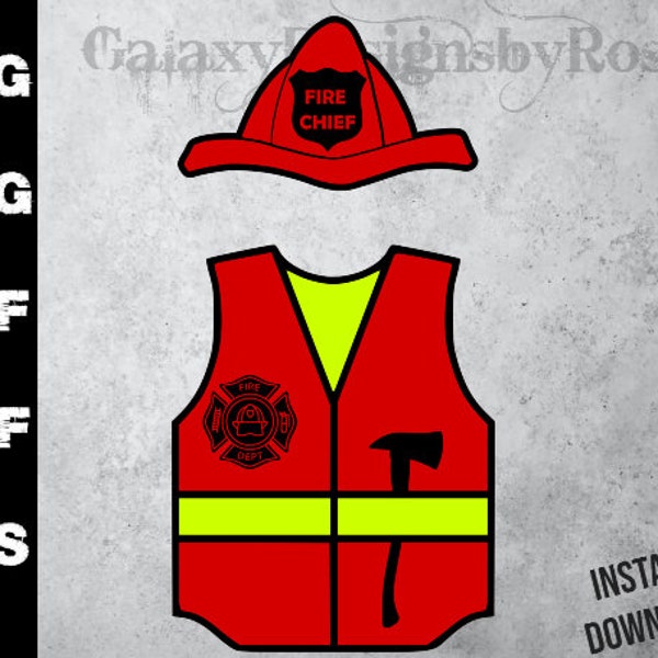 SVG Costume Fireman's Vest, png, pdf, eps, dxf, FireFighters Vest Vector with Helmet, Kid's shirt easy iron on costume, Firefighters Vest