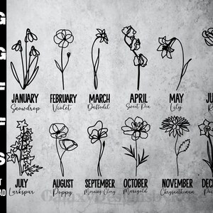 Fleurs du mois de naissance SVG, png, pdf, dxf, eps, conception de chemise de fleurs de mois de naissance, conception de tasse de fleurs, silhouette de fleur de naissance mensuelle
