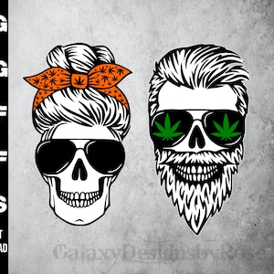 SVG tête de mort couple, png, pdf, dxf, eps, feuille de mauvaises herbes SVG, sticker mignon Halloween contre les mauvaises herbes, joyeux Halloween SVG, svg de tête de mort de couple mignon, tête de mort Halloween