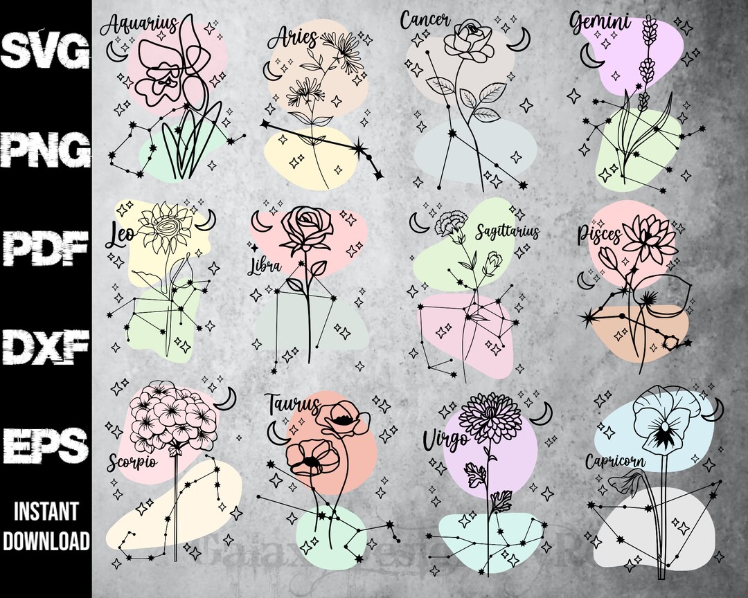 SVG Zodiac Flower Design, Pdf, Png, Dxf, Eps, Zodiac Constellation's