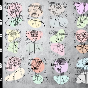 Design fleur du zodiaque SVG, pdf, png, dxf, eps, SVG de la constellation du zodiaque, fleurs du zodiaque SVG, fleur du zodiaque mensuel, fleurs du zodiaque Boho svg