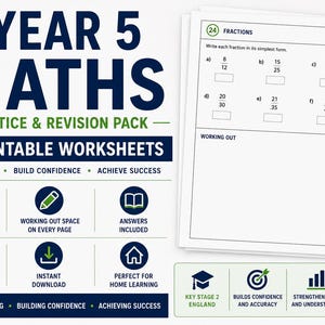 May include: A Year 5 Maths practice and revision pack featuring 30 printable worksheets. The document includes a fractions exercise page with six problems, a black pen, and text detailing key topics, A4 printable PDF format, and answer keys.