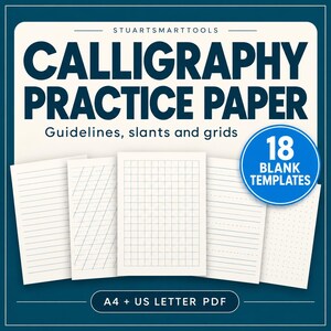 May include: Calligraphy practice paper with guidelines, slants, and grids. The set includes 18 blank templates in A4 and US Letter PDF formats. The white sheets feature various layouts including horizontal lines, slanted lines, square grids, and dot grids.