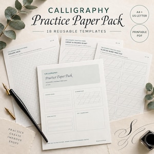 May include: A calligraphy practice paper pack featuring 18 reusable printable templates in A4 and US Letter sizes. The set includes various grid and slant guides for lettering, accompanied by a black pen holder and two metal nibs for writing.