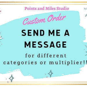 Op de afbeelding: Een turquoise blauwe afbeelding met de tekst "Points and Miles Studio" en "Custom Order" in roze. De tekst "SEND ME A MESSAGE for different categories or multiplier!!!" is in zwart.