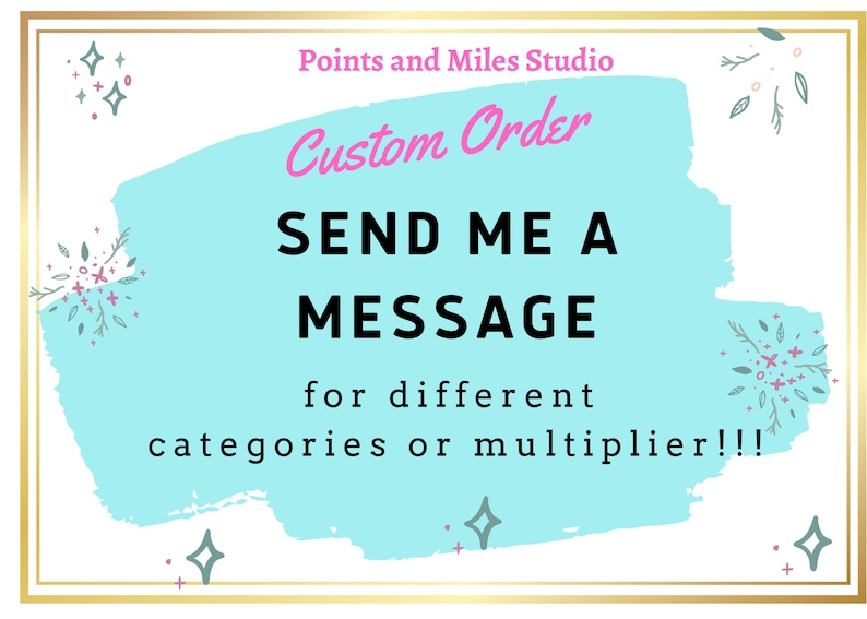 Op de afbeelding: Een turquoise blauwe afbeelding met de tekst "Points and Miles Studio" en "Custom Order" in roze. De tekst "SEND ME A MESSAGE for different categories or multiplier!!!" is in zwart.