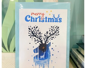 Tarjeta de Navidad, Tarjeta festiva, Tarjeta de felicitación, Tarjeta de reno, Tarjeta festiva hecha a mano