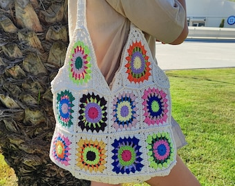 Handmade Crochet Bag, Granny Square Bag, Crochet Tote Bag, Boho Bag, Bohemian Crochet Purse, Knitted Women Accessory, Crochet Purse