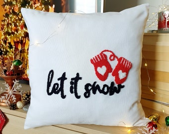 Let It Snow Letter Pillow Cover, Christmas Ornaments Pillow Cases, Punch Needle Winter Cushion, Embroidered Let It Snow, 17x17 Pillow Cases