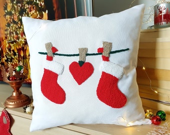 Christmas Stockings Pillow Case, Christmas Socks Pillow Cover, Punch Needle Xmas Stocking Cushion, Embroidered Stocking, 17x17 Pillow Cases