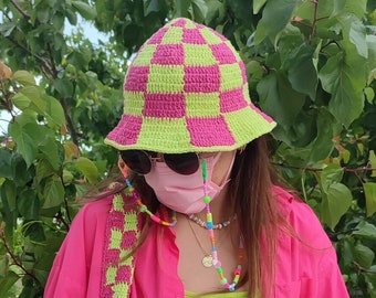 Checkered Bucket Hat, Pink Green Checkered Hat , Festival Hat, Crochet Hat, Bucket Hat, Cotton Bucket Hat, Knit Bucket Hat, Hippie Hat
