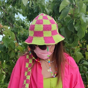 Checkered Bucket Hat, Pink Green Checkered Hat , Festival Hat, Crochet Hat, Bucket Hat, Cotton Bucket Hat, Knit Bucket Hat, Hippie Hat image 1