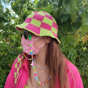 Checkered Bucket Hat, Pink Green Checkered Hat , Festival Hat, Crochet Hat, Bucket Hat, Cotton Bucket Hat, Knit Bucket Hat, Hippie Hat image 2