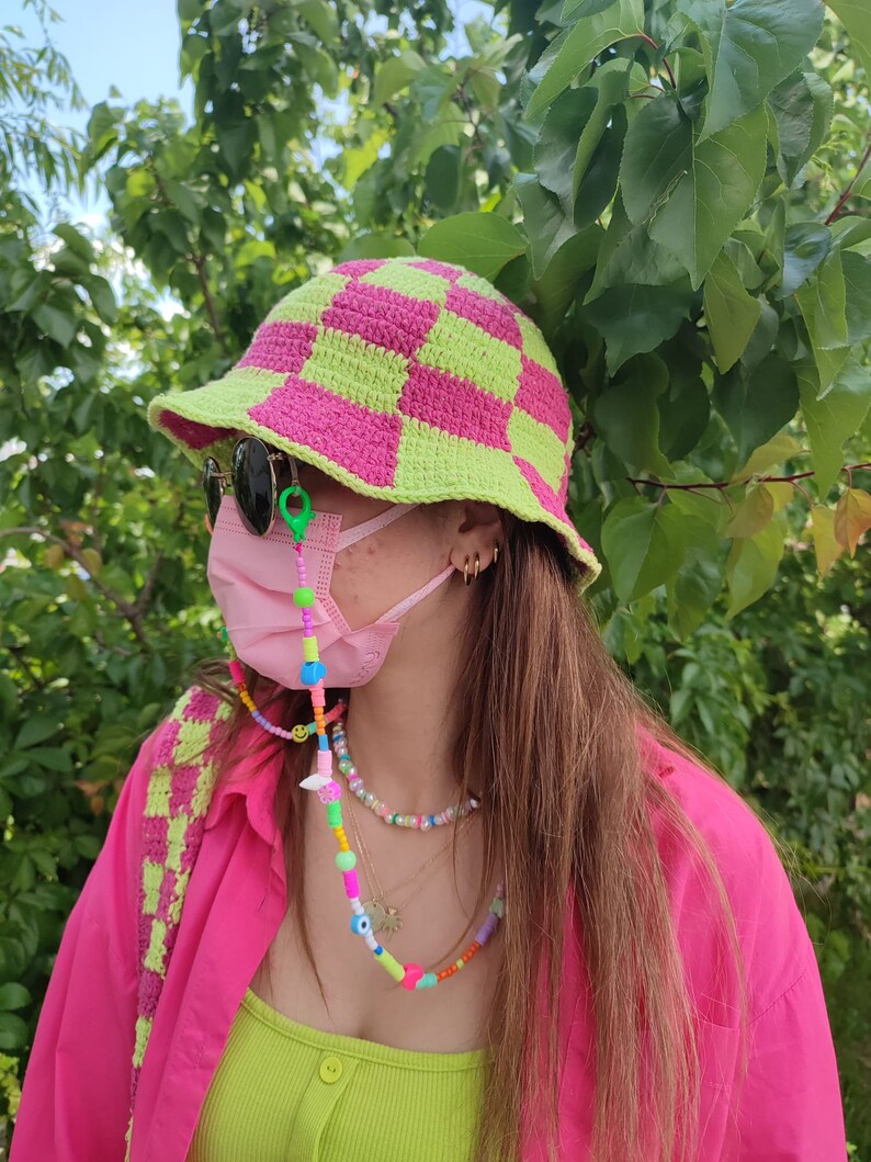 Checkered Bucket Hat, Pink Green Checkered Hat , Festival Hat, Crochet Hat, Bucket Hat, Cotton Bucket Hat, Knit Bucket Hat, Hippie Hat image 2