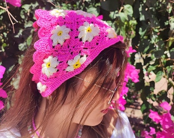 Daisy Crochet Bandana, Flower Hair Kerchief, Crochet Hair Accessory, Crochet Headband, Boho Hair Scarf, Pink Crochet Hair Scarf