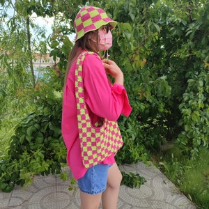 Checkered Bucket Hat, Pink Green Checkered Hat , Festival Hat, Crochet Hat, Bucket Hat, Cotton Bucket Hat, Knit Bucket Hat, Hippie Hat image 7