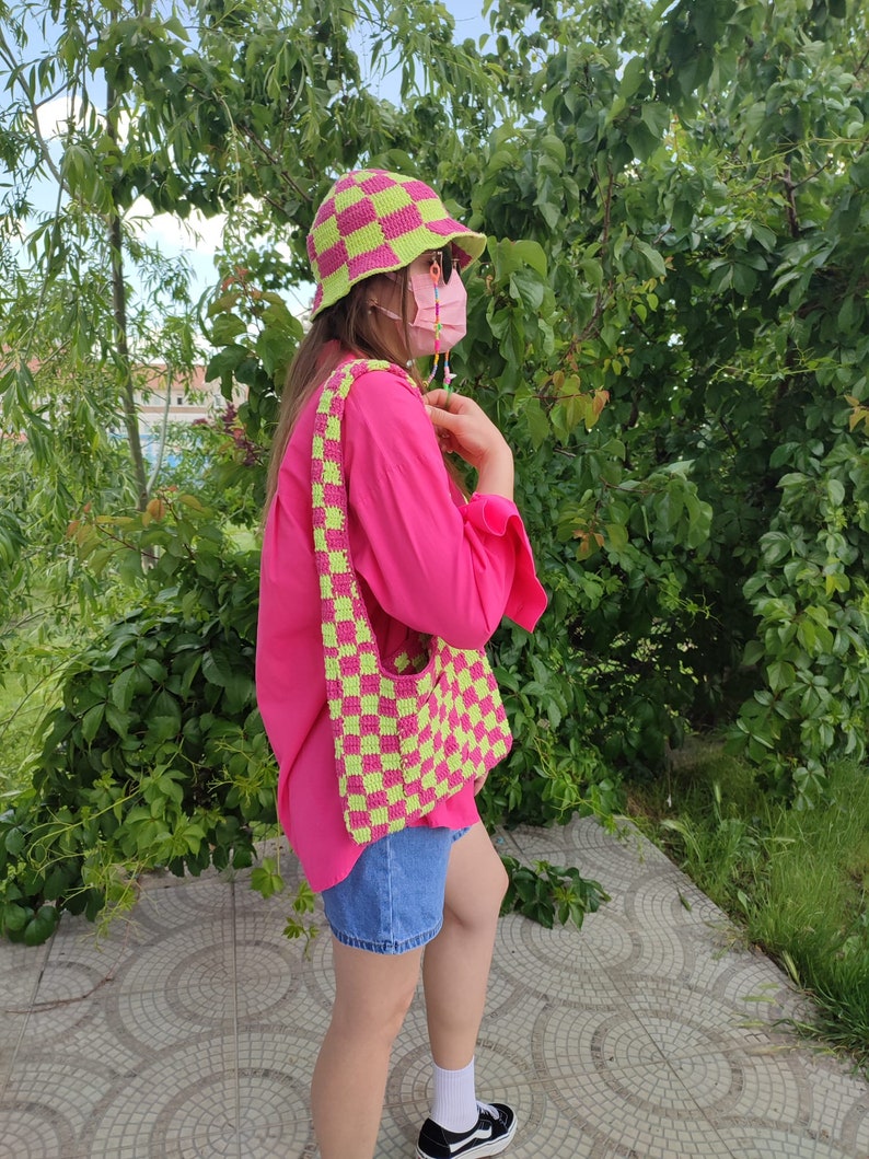 Checkered Bucket Hat, Pink Green Checkered Hat , Festival Hat, Crochet Hat, Bucket Hat, Cotton Bucket Hat, Knit Bucket Hat, Hippie Hat image 7