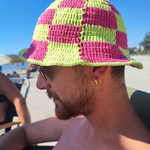 Checkered Bucket Hat, Pink Green Checkered Hat , Festival Hat, Crochet Hat, Bucket Hat, Cotton Bucket Hat, Knit Bucket Hat, Hippie Hat image 10